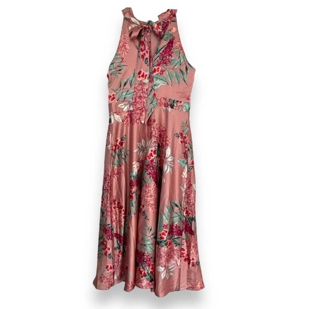 Tahari Dress Pink Floral Mock Neck Cold Shoulder Rose Tie Satin‎ Midi Size 6 NWT